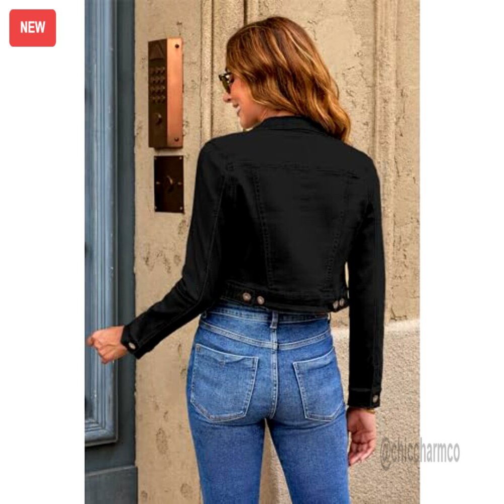 Cropped Denim Jacket Lightweight Stretchy Fitted … - image 2